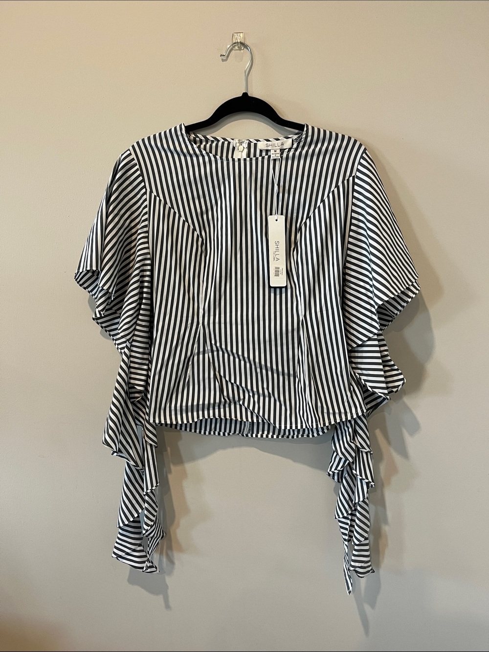 NWT Shilla The Label Black & White Vertical Stripe Ruffle Sleeve Blouse